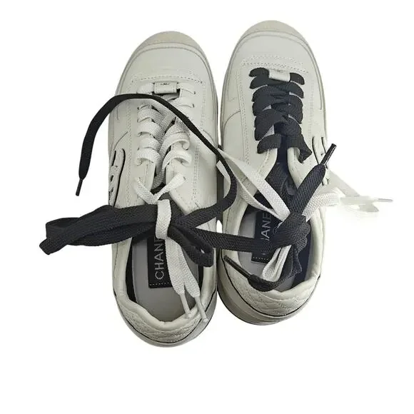 ChanelCalfskin Suede CC Womens Sneakers 38 White Black